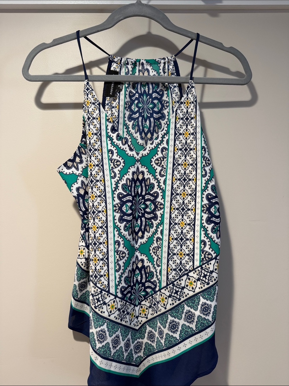 Sleeveless Printed Halter Tank Top in Teal and Navy